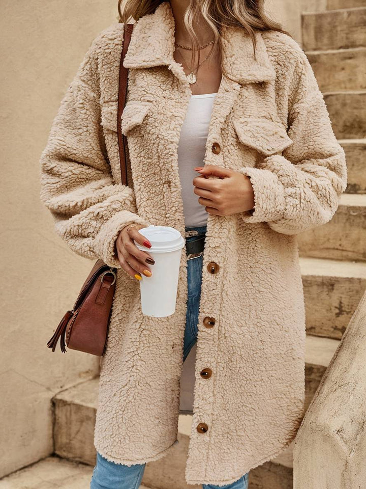 Levoire | Moyen-Long Manteau En Polaire À Col À Boutons Revers À Manches Longues Pour Femmes Veste Décontractée
