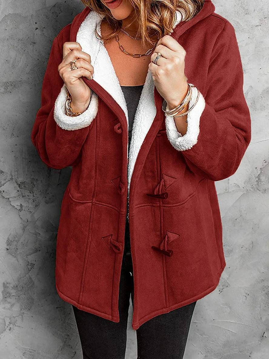 Levoire | Manteau Mi-Long En Suède Polaire Avec Capuche, Boutons, Poches Femme Élégant Décontracté Hiver Parka Bordeaux