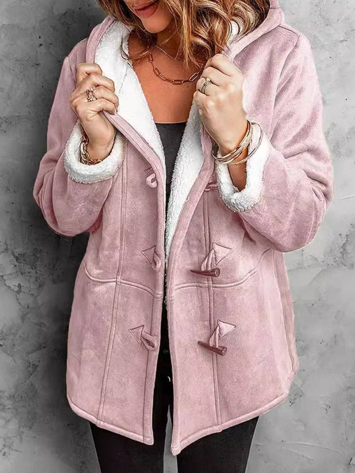 Levoire | Manteau Mi-Long En Suède Polaire Avec Capuche, Boutons, Poches Femme Élégant Décontracté Hiver Parka Rosa