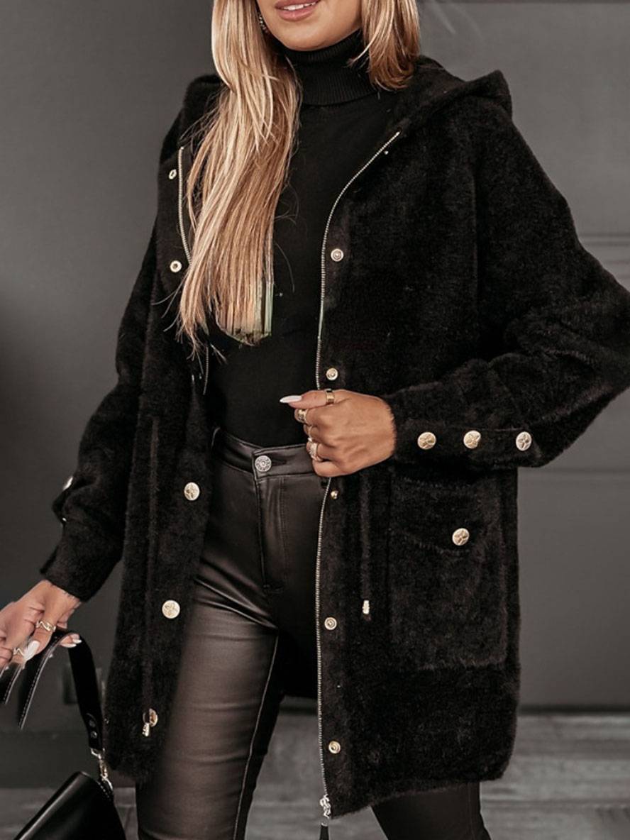 Levoire | Manteau Médiéval Avec Capuche Poches Zippées Manches Longues Femme Mode Élégante De Loisirs Veste De Loisirs Noir