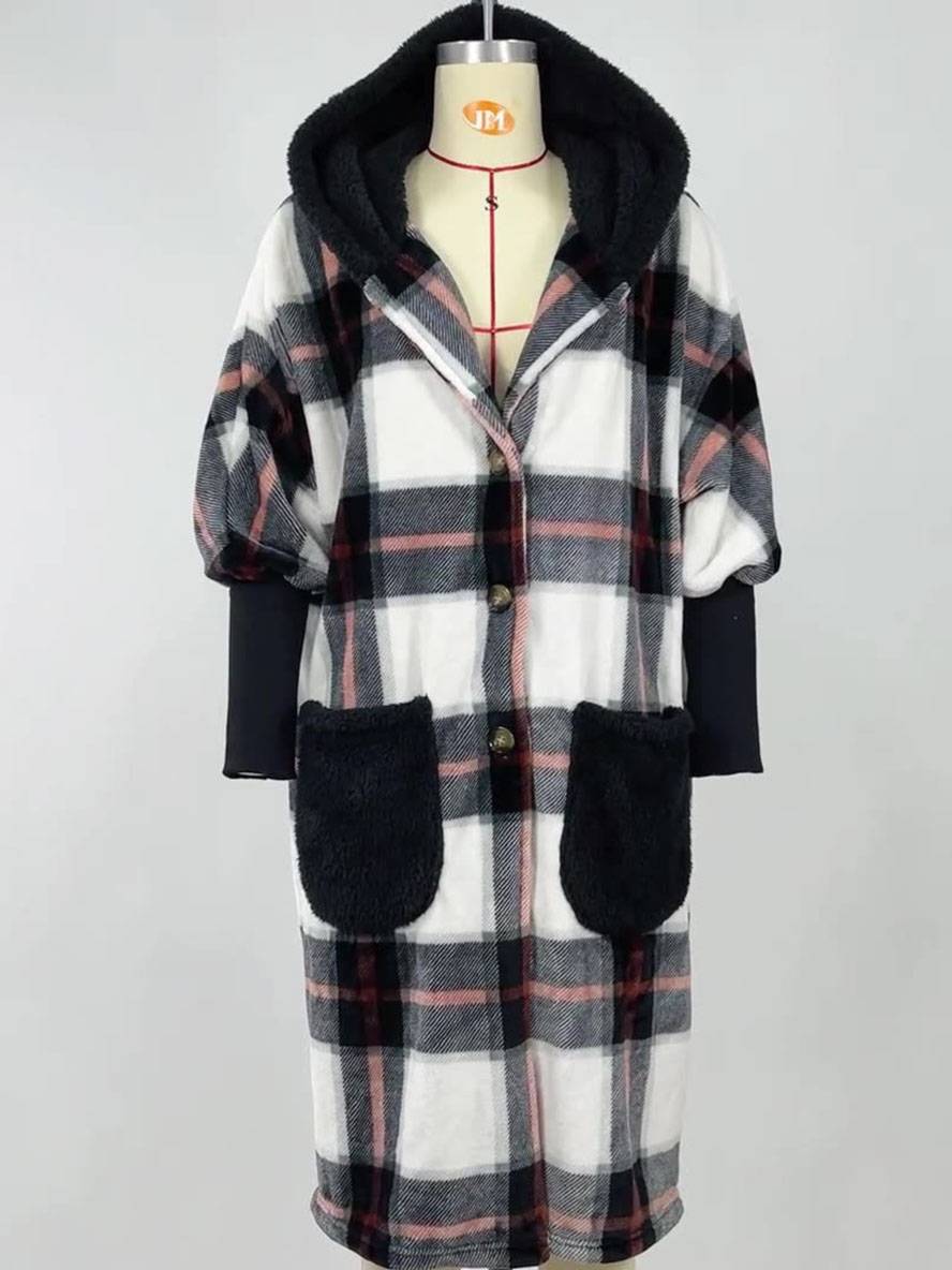 Levoire | Mi-Long Manteau Polaire Carre Sweat À Capuche Boutons Poche Manches Ballon Femmes Décontracté Veste Ample
