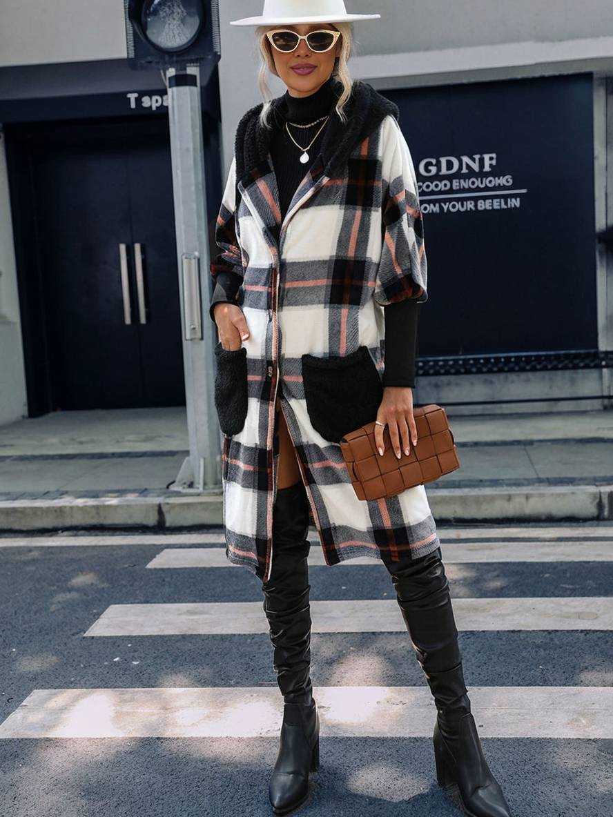Levoire | Mi-Long Manteau Polaire Carre Sweat À Capuche Boutons Poche Manches Ballon Femmes Décontracté Veste Ample