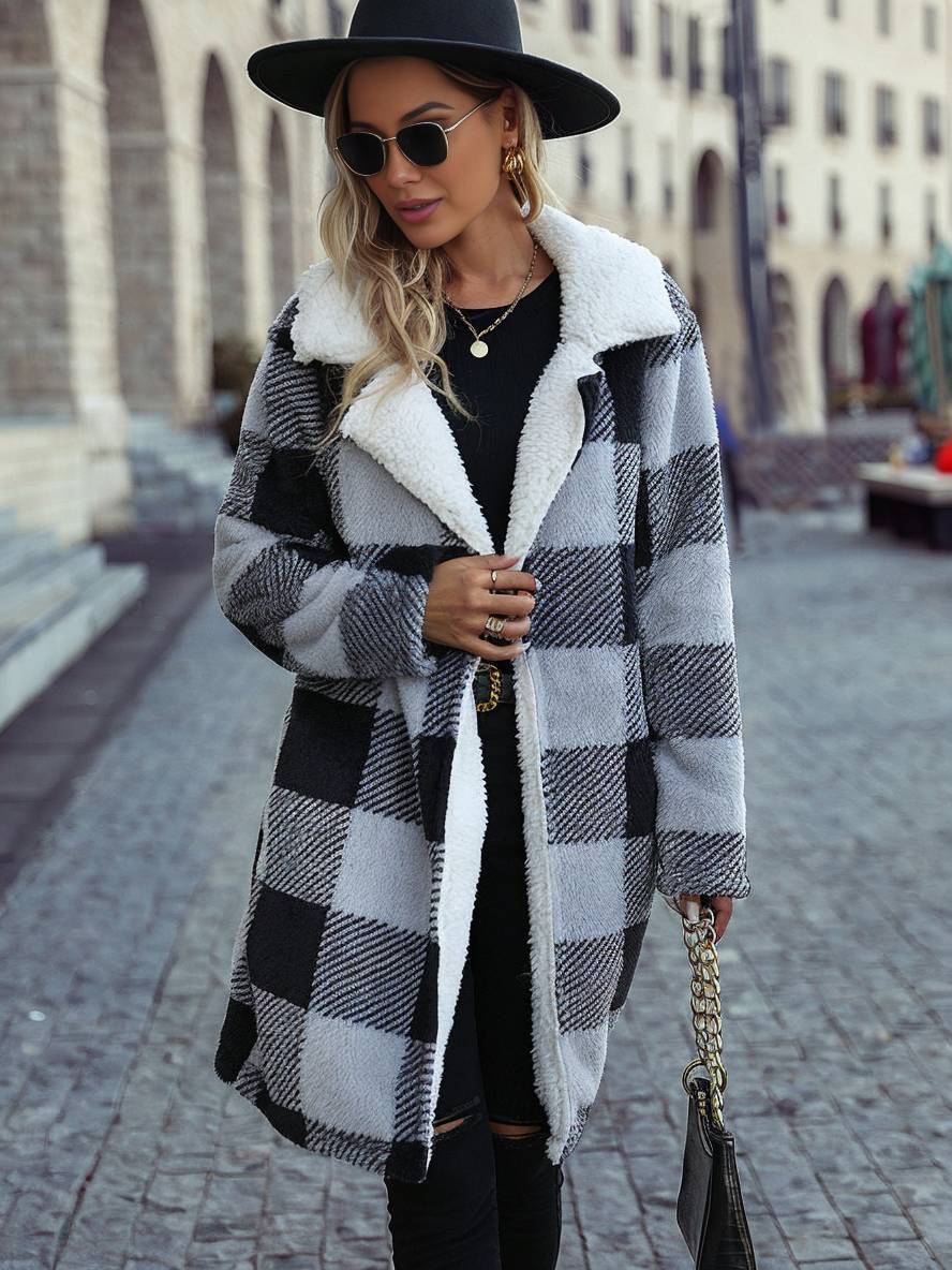 Levoire | Mi-Long Manteau En Fleece Carreaux Poches Revers Manches Longues Femmes Élégant Décontracté Veste Décontractée Gris
