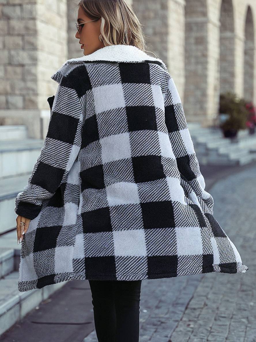 Levoire | Mi-Long Manteau En Fleece Carreaux Poches Revers Manches Longues Femmes Élégant Décontracté Veste Décontractée