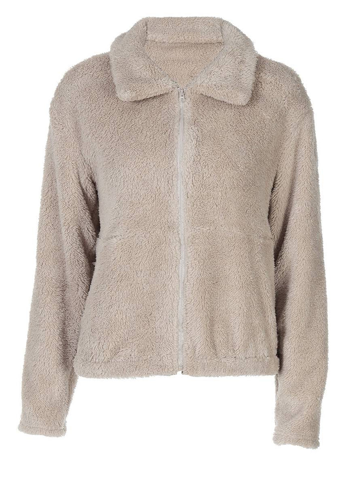 Levoire | Uni-Couleurs Manteau En Fleece Revers Fermeture Éclair Manches Longues Femme Élégante Mode De Loisirs Veste De Loisirs