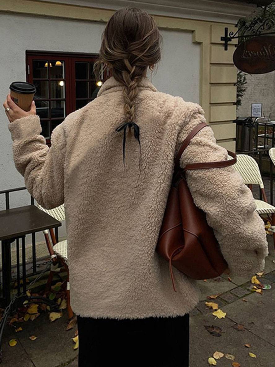 Levoire | Uni-Couleurs Manteau En Fleece Revers Fermeture Éclair Manches Longues Femme Élégante Mode De Loisirs Veste De Loisirs