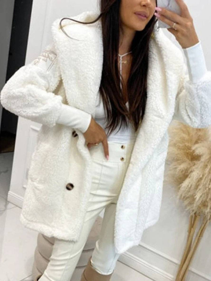 Levoire | Manteau À Capuche Mi-Long Avec Poches À Boutons En Polaire Manches Longues Femme Élégant Décontracté Ample Veste Blanc