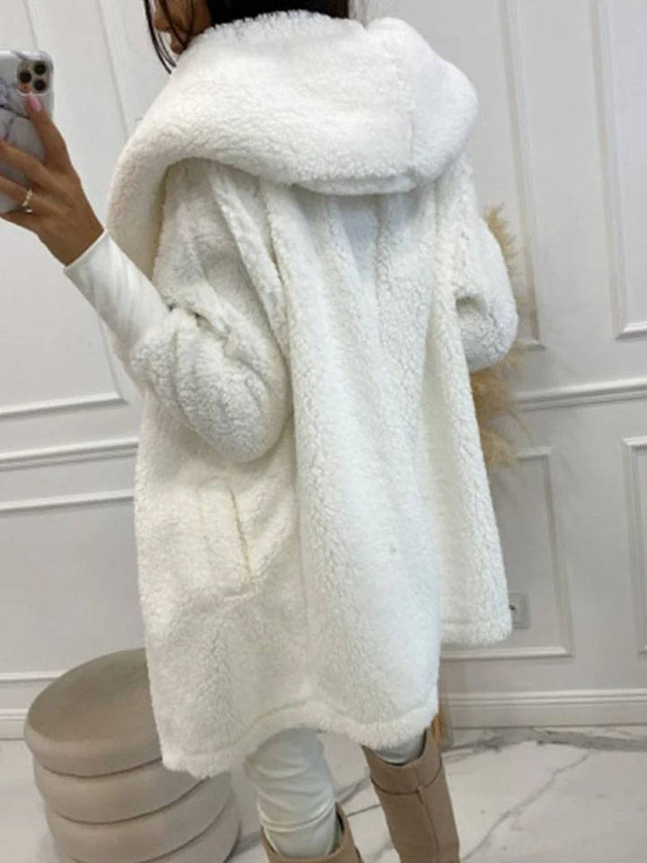 Levoire | Manteau À Capuche Mi-Long Avec Poches À Boutons En Polaire Manches Longues Femme Élégant Décontracté Ample Veste