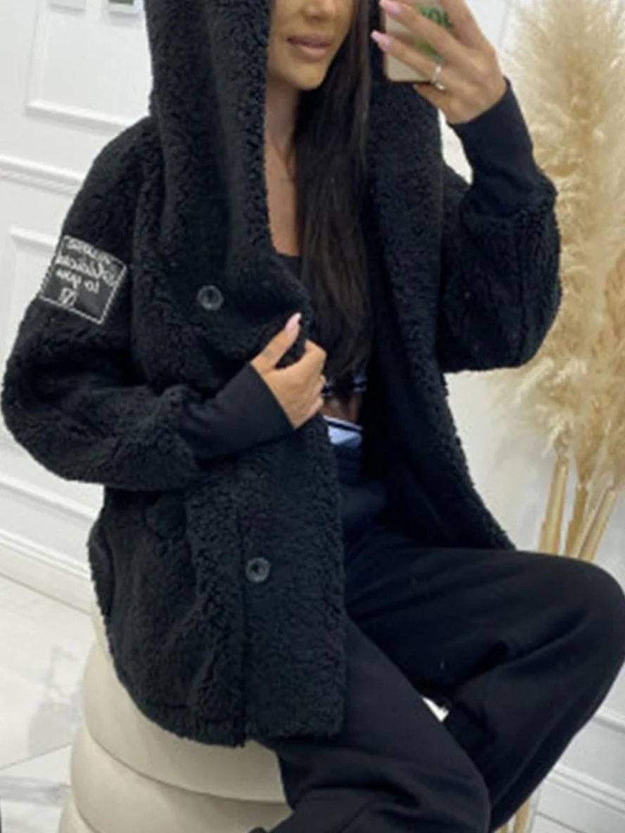 Levoire | Manteau À Capuche Mi-Long Avec Poches À Boutons En Polaire Manches Longues Femme Élégant Décontracté Ample Veste