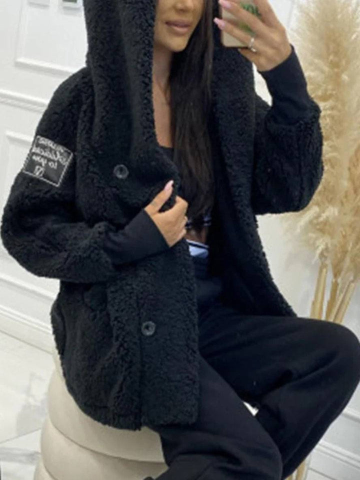 Levoire | Manteau À Capuche Mi-Long Avec Poches À Boutons En Polaire Manches Longues Femme Élégant Décontracté Ample Veste