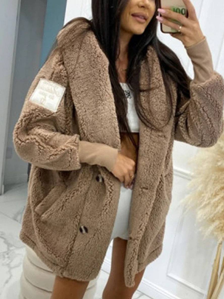 Levoire | Manteau À Capuche Mi-Long Avec Poches À Boutons En Polaire Manches Longues Femme Élégant Décontracté Ample Veste Braun