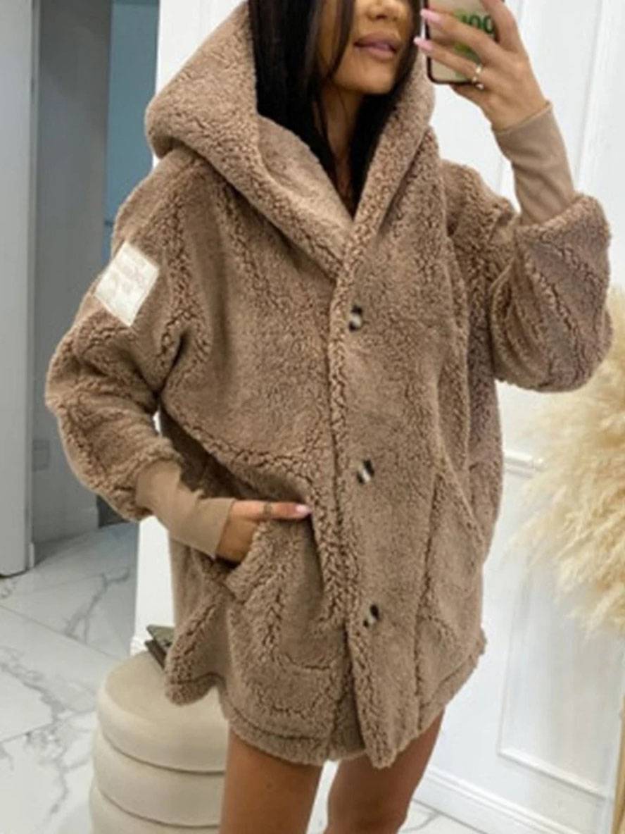 Levoire | Manteau À Capuche Mi-Long Avec Poches À Boutons En Polaire Manches Longues Femme Élégant Décontracté Ample Veste