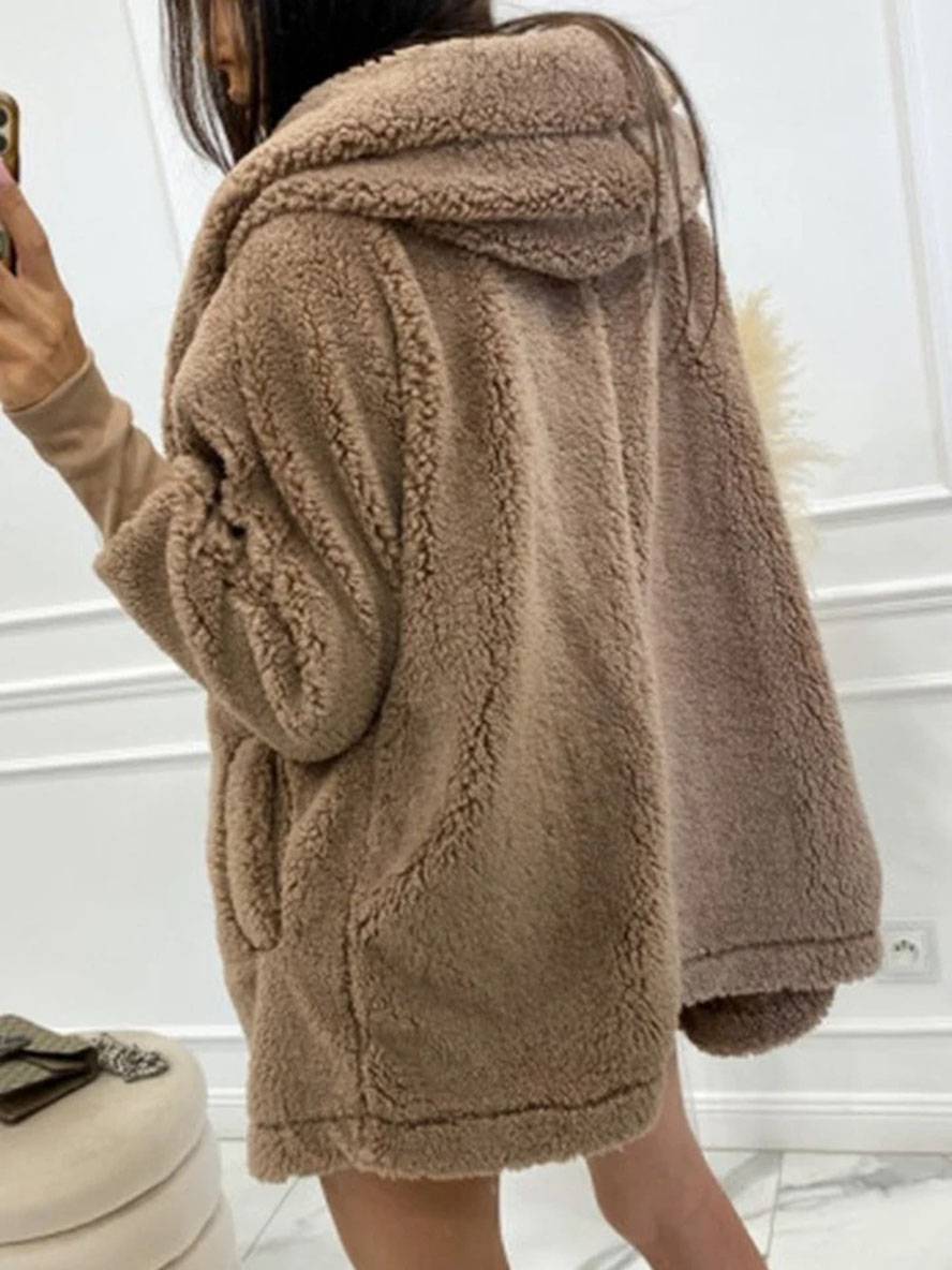 Levoire | Manteau À Capuche Mi-Long Avec Poches À Boutons En Polaire Manches Longues Femme Élégant Décontracté Ample Veste