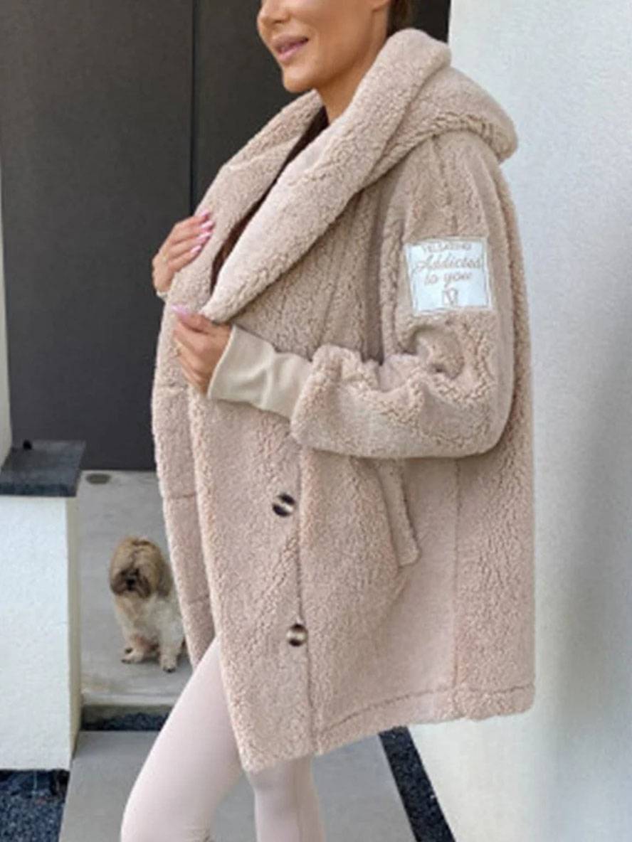 Levoire | Manteau À Capuche Mi-Long Avec Poches À Boutons En Polaire Manches Longues Femme Élégant Décontracté Ample Veste Abricot