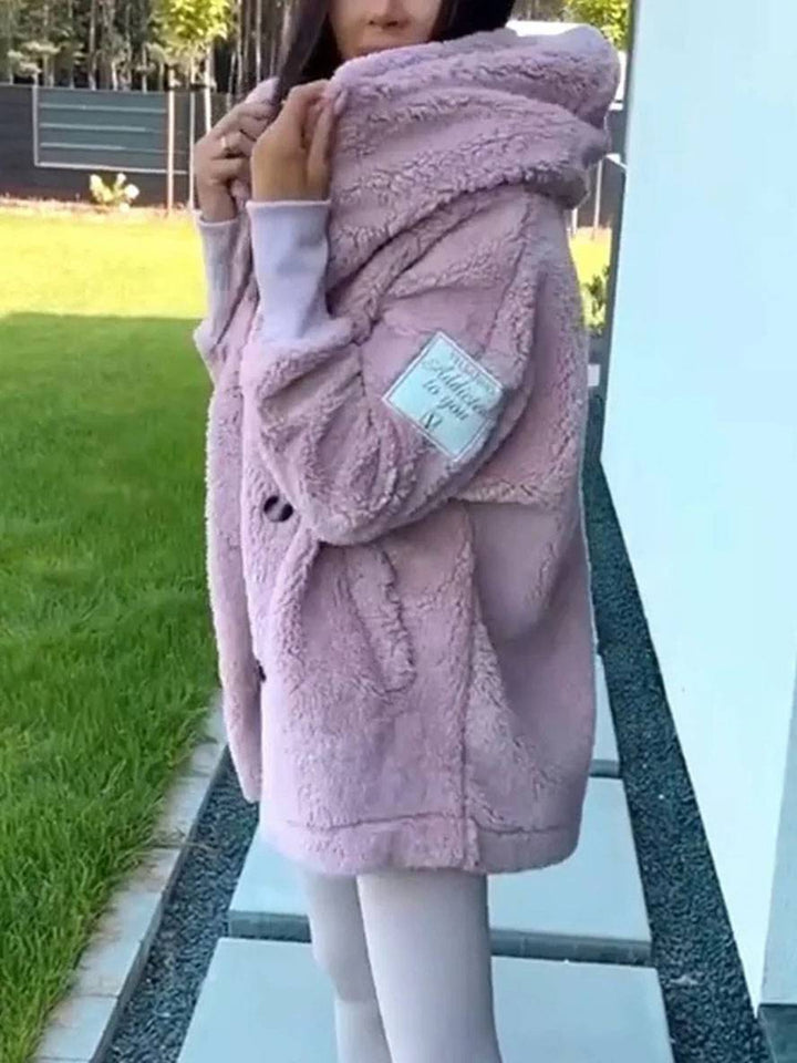 Levoire | Manteau À Capuche Mi-Long Avec Poches À Boutons En Polaire Manches Longues Femme Élégant Décontracté Ample Veste Rosa