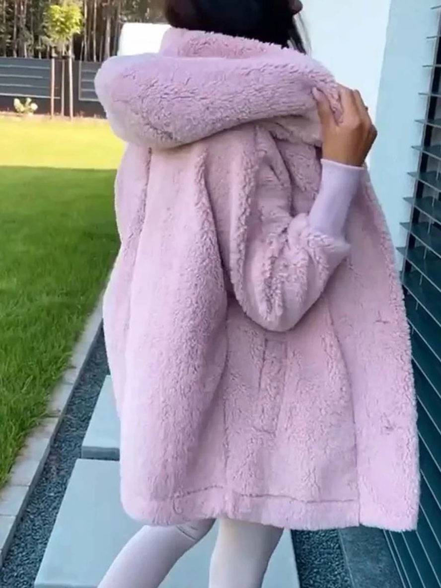 Levoire | Manteau À Capuche Mi-Long Avec Poches À Boutons En Polaire Manches Longues Femme Élégant Décontracté Ample Veste