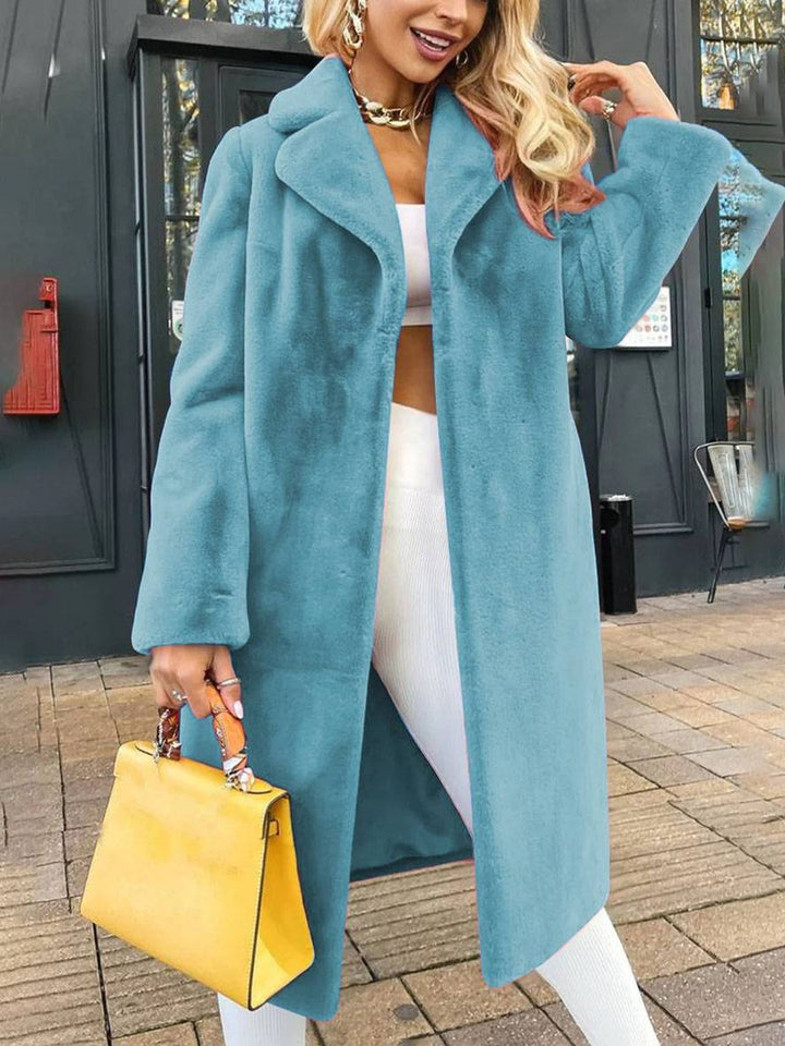Levoire | Manteau Long Avec Ceinture En Fleece Col Revers Manches Longues Femme Élégant Mode Décontractée Veste D'Hiver Décontractée Bleu