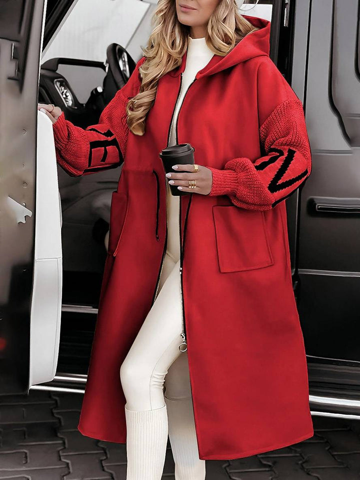 Levoire | Manteau Long Avec Capuche Poches Lettres Manches Longues Pour Femmes Élégant Décontracté Oversized Pull Cardigan Rot