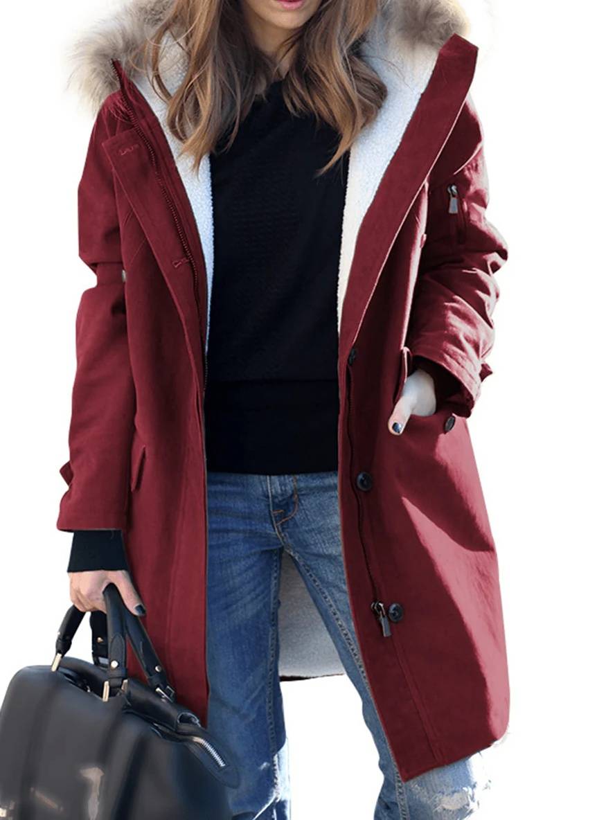 Levoire | Manteau D'Hiver Mi-Long Avec Capuche, Poches, Fermeture Éclair, Col En Fausse Fourrure, Femme, Coupe Large, Oversized, Veste Décontractée Rot