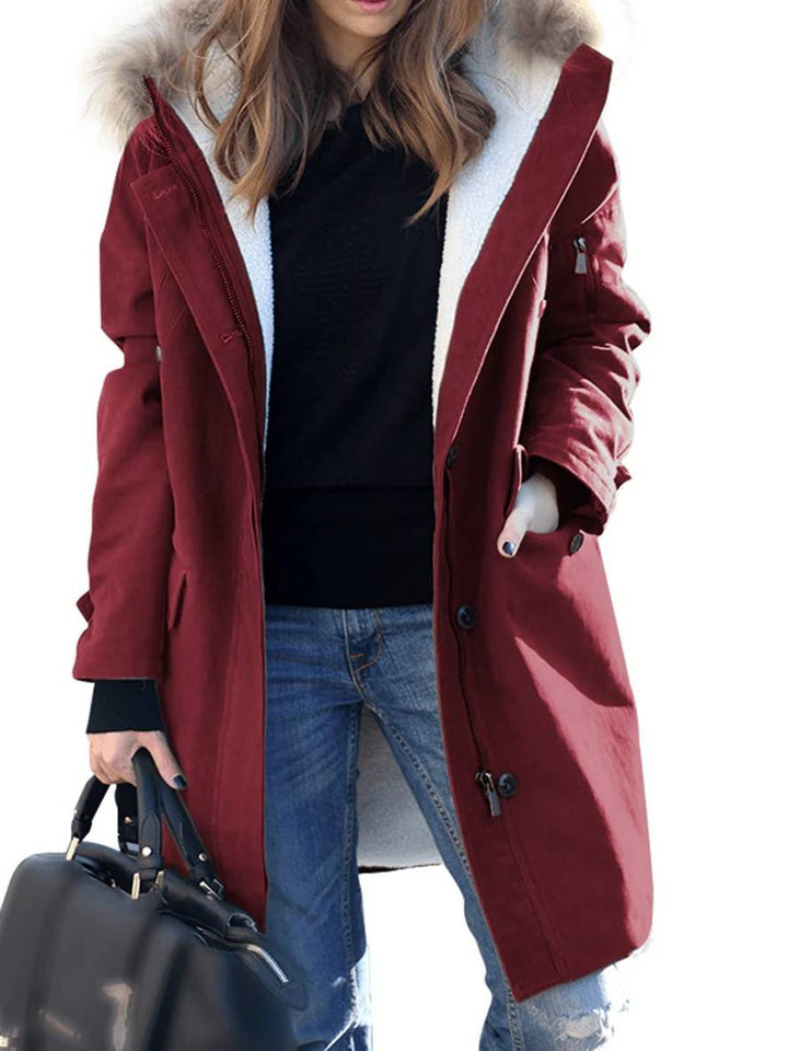 Levoire | Manteau D'Hiver Mi-Long Avec Capuche, Poches, Fermeture Éclair, Col En Fausse Fourrure, Femme, Coupe Large, Oversized, Veste Décontractée Rot