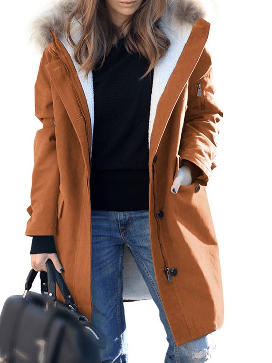 Levoire | Manteau D'Hiver Mi-Long Avec Capuche, Poches, Fermeture Éclair, Col En Fausse Fourrure, Femme, Coupe Large, Oversized, Veste Décontractée Jaune