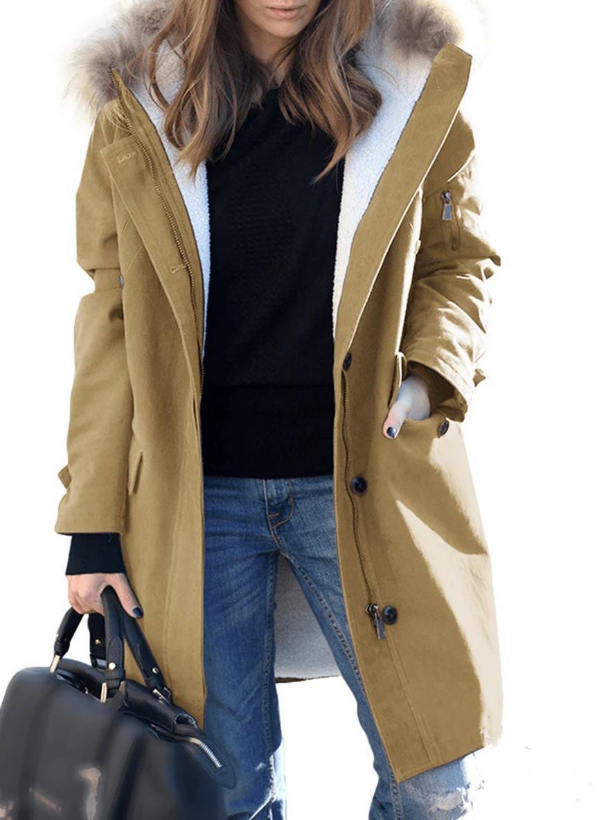 Levoire | Manteau D'Hiver Mi-Long Avec Capuche, Poches, Fermeture Éclair, Col En Fausse Fourrure, Femme, Coupe Large, Oversized, Veste Décontractée Khaki