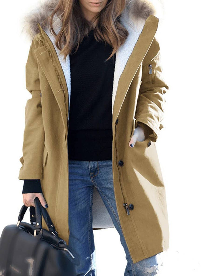 Levoire | Manteau D'Hiver Mi-Long Avec Capuche, Poches, Fermeture Éclair, Col En Fausse Fourrure, Femme, Coupe Large, Oversized, Veste Décontractée Khaki