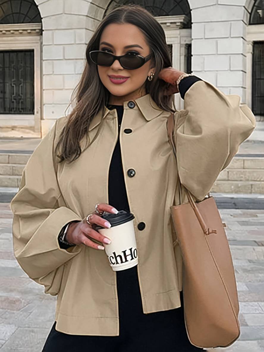 Levoire | Trench-Coat Court Unicolore À Fermeture À Bouton Col Revers Manches Longues Femme Élégant Veste De Loisirs Khaki