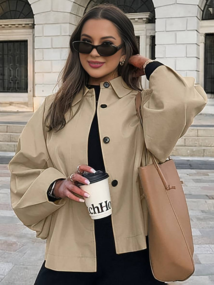 Levoire | Trench-Coat Court Unicolore À Fermeture À Bouton Col Revers Manches Longues Femme Élégant Veste De Loisirs Khaki
