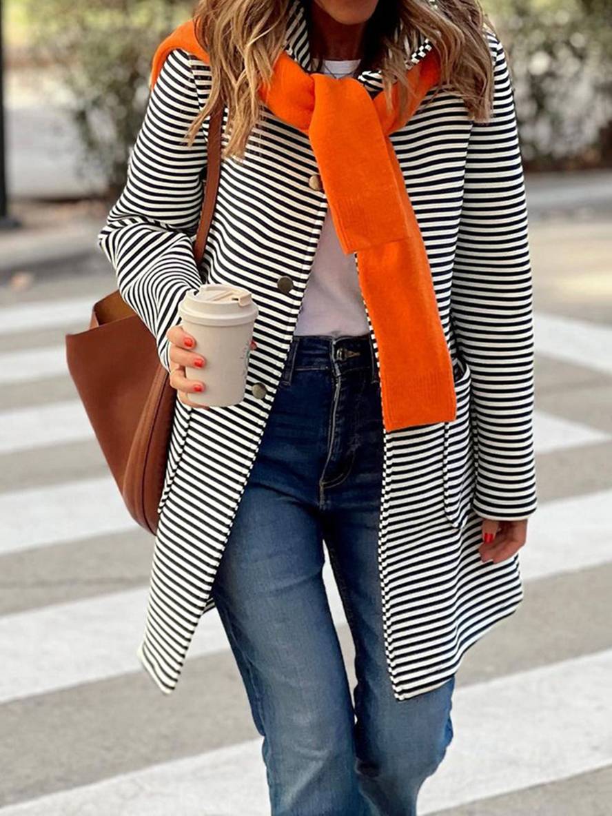 Levoire | Manteau À Capuche Rayé Mi-Long Avec Fermeture À Boutons Poches Manches Longues Dames Décontracté Grande Taille Décontracté Noir