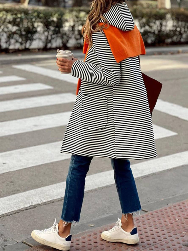 Levoire | Manteau À Capuche Rayé Mi-Long Avec Fermeture À Boutons Poches Manches Longues Dames Décontracté Grande Taille Décontracté