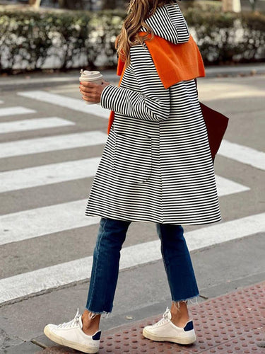 Levoire | Manteau À Capuche Rayé Mi-Long Avec Fermeture À Boutons Poches Manches Longues Dames Décontracté Grande Taille Décontracté