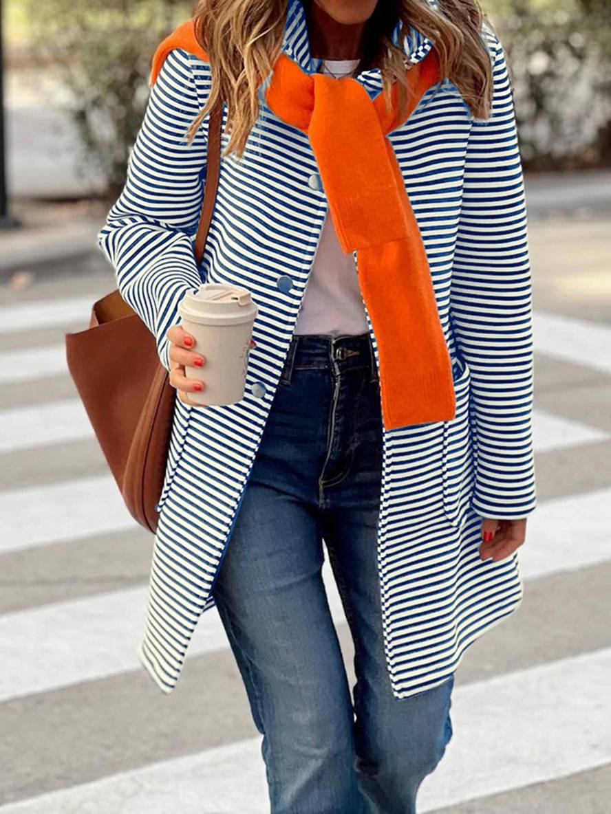 Levoire | Manteau À Capuche Rayé Mi-Long Avec Fermeture À Boutons Poches Manches Longues Dames Décontracté Grande Taille Décontracté Bleu