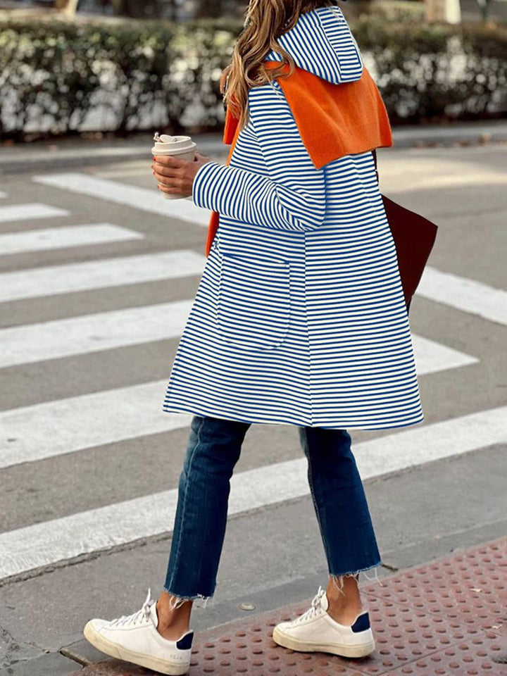 Levoire | Manteau À Capuche Rayé Mi-Long Avec Fermeture À Boutons Poches Manches Longues Dames Décontracté Grande Taille Décontracté