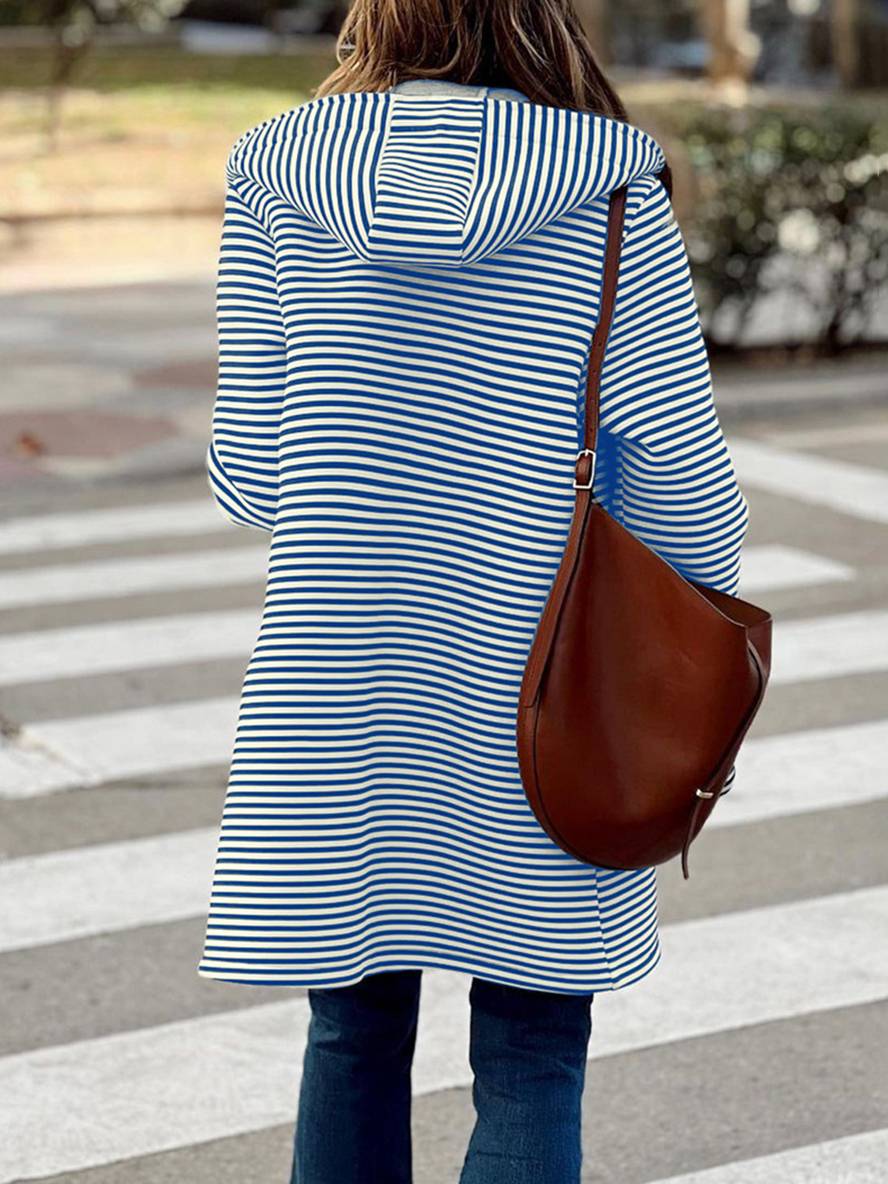 Levoire | Manteau À Capuche Rayé Mi-Long Avec Fermeture À Boutons Poches Manches Longues Dames Décontracté Grande Taille Décontracté