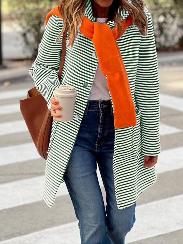 Levoire | Manteau À Capuche Rayé Mi-Long Avec Fermeture À Boutons Poches Manches Longues Dames Décontracté Grande Taille Décontracté Vert