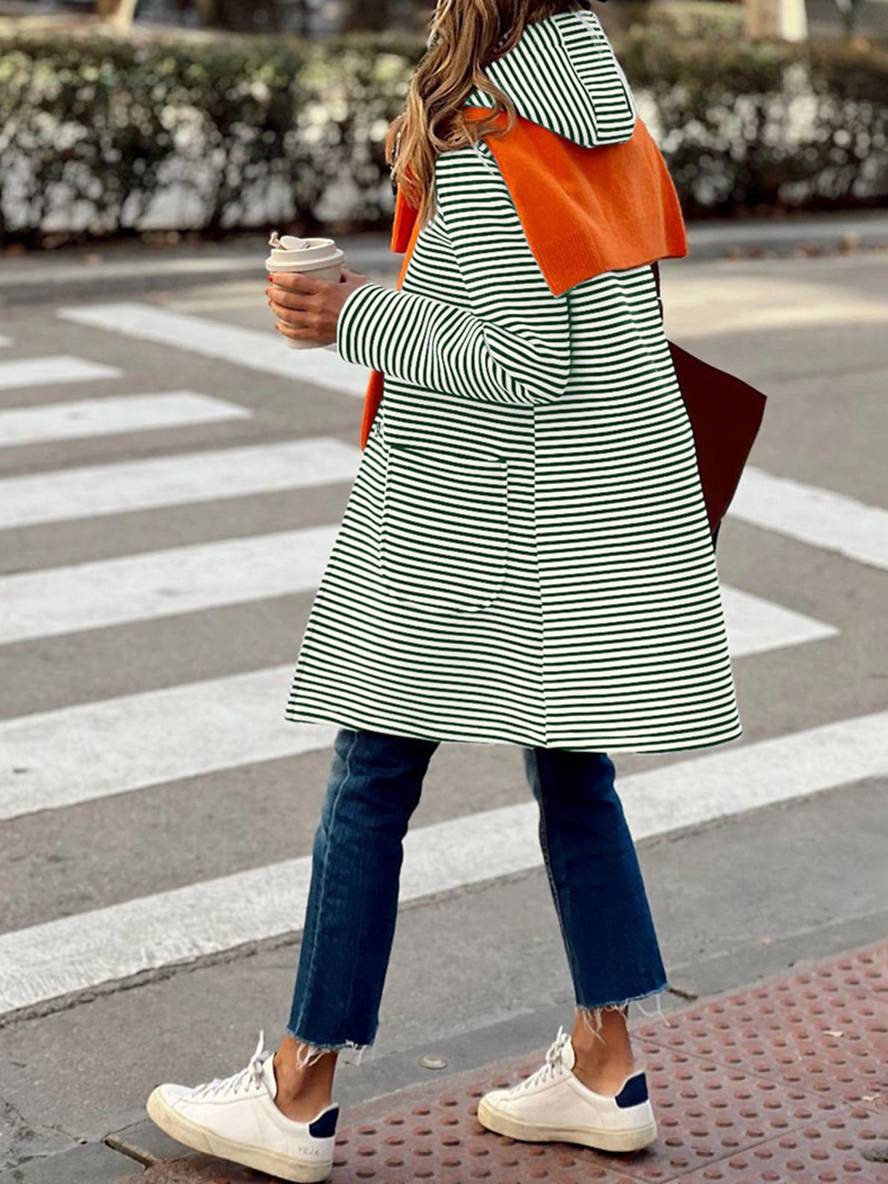 Levoire | Manteau À Capuche Rayé Mi-Long Avec Fermeture À Boutons Poches Manches Longues Dames Décontracté Grande Taille Décontracté