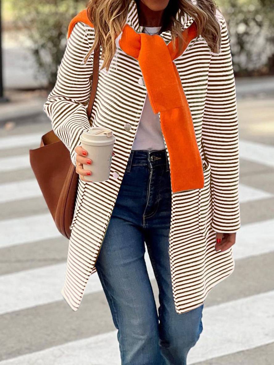 Levoire | Manteau À Capuche Rayé Mi-Long Avec Fermeture À Boutons Poches Manches Longues Dames Décontracté Grande Taille Décontracté Braun