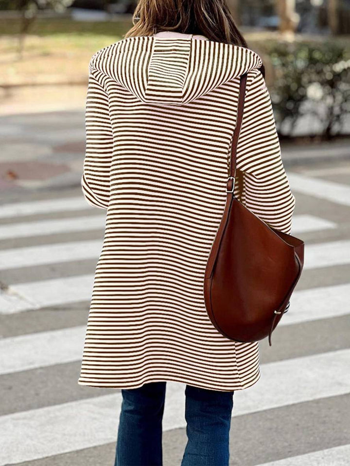 Levoire | Manteau À Capuche Rayé Mi-Long Avec Fermeture À Boutons Poches Manches Longues Dames Décontracté Grande Taille Décontracté