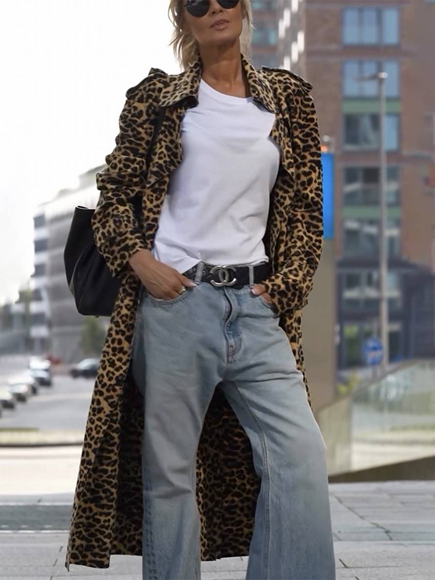 Levoire | Veste Longue À Motif Léopard Avec Revers Et Manches Longues Pour Femmes, Veste Oversize Décontractée