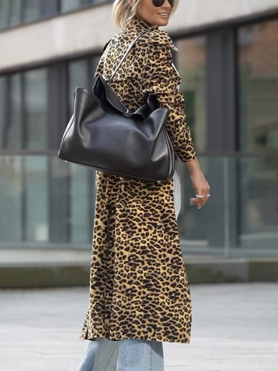 Levoire | Veste Longue À Motif Léopard Avec Revers Et Manches Longues Pour Femmes, Veste Oversize Décontractée