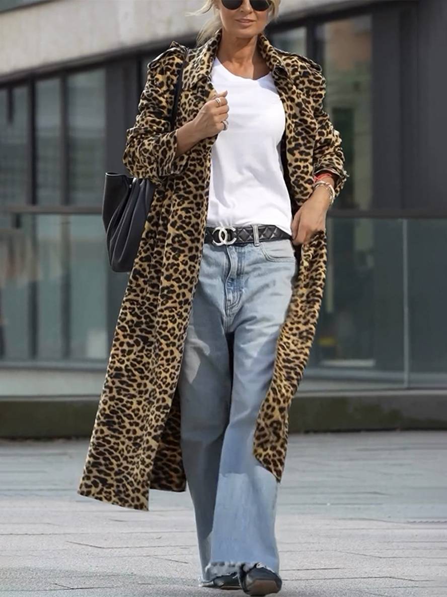 Levoire | Veste Longue À Motif Léopard Avec Revers Et Manches Longues Pour Femmes, Veste Oversize Décontractée