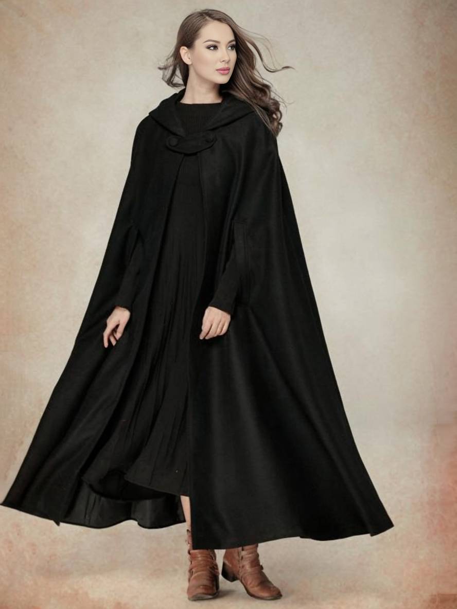 Levoire | Long Poncho Manteau Avec Capuche Asymétrique Mode Femme Vintage Cape Noir