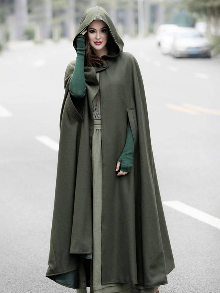 Levoire | Long Poncho Manteau Avec Capuche Asymétrique Mode Femme Vintage Cape Vert