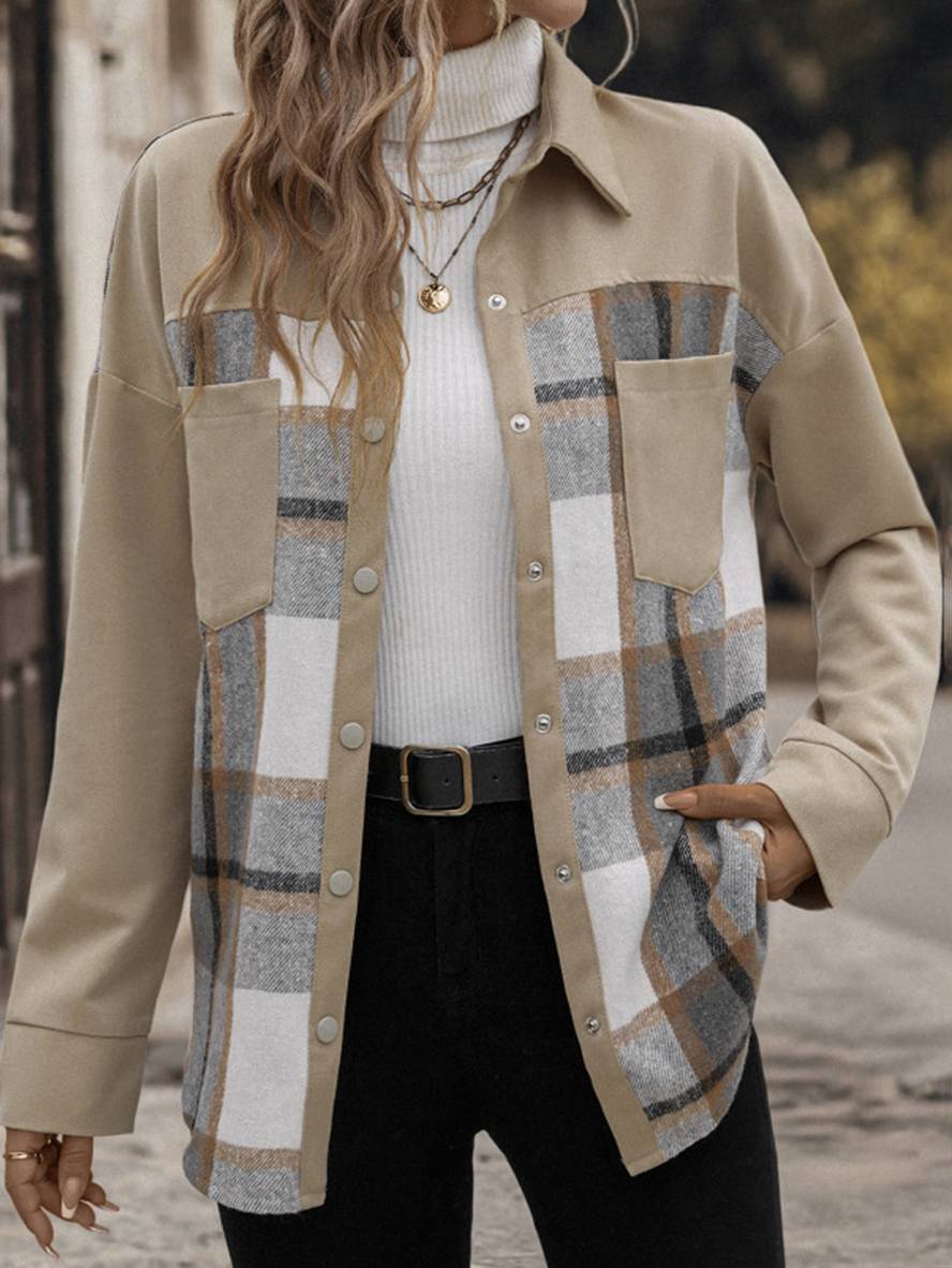 Levoire | Veste En Coton À Carreaux Fermetures À Boutons Poches Col Revers Manches Longues Dames Mode Décontractée Blouses Khaki