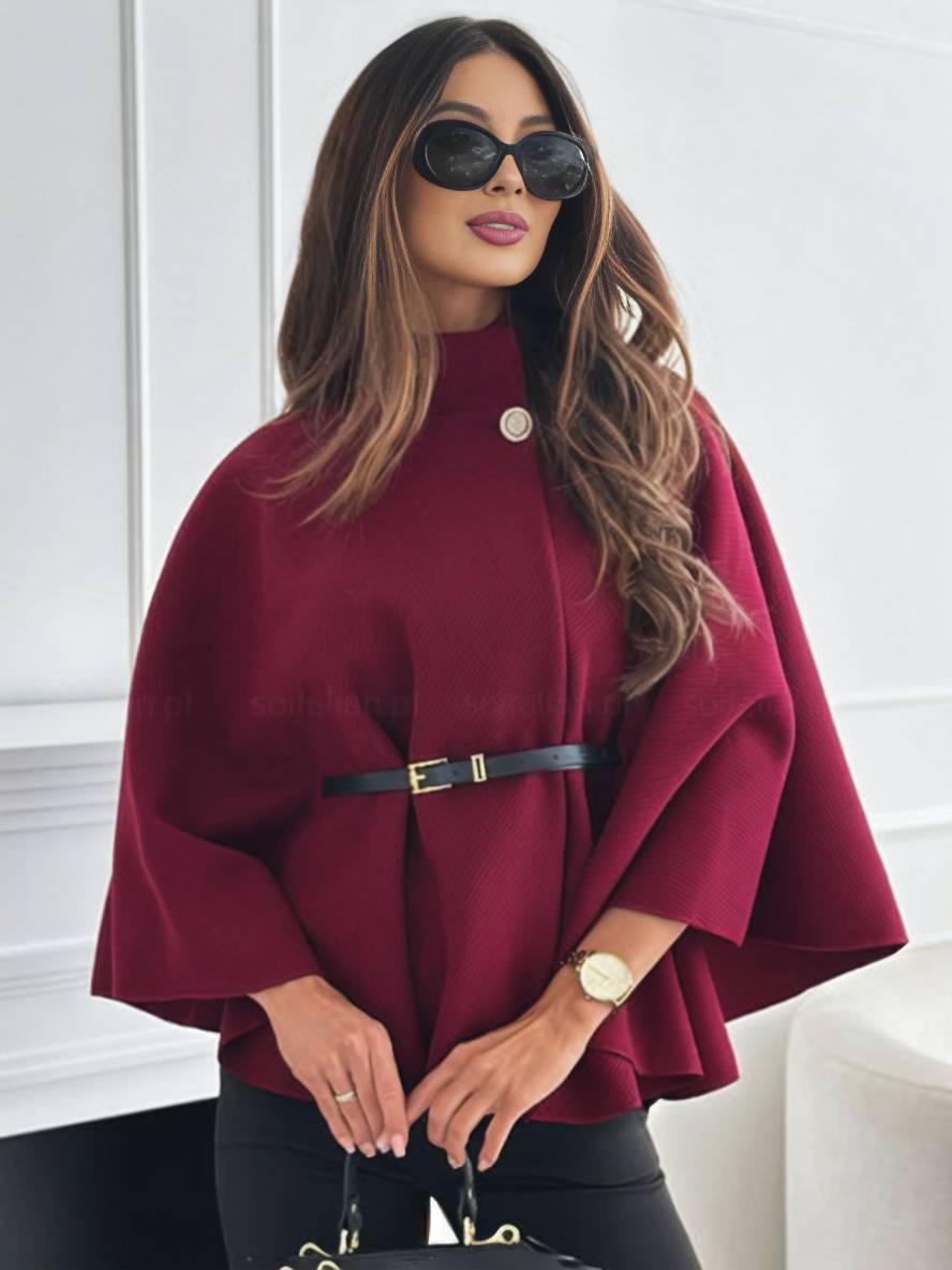 Levoire | Veste Poncho Courte Femme Boutons Ceinture Manches Chauve-Souris Femme Élégante Décontractée Largue Bordeaux