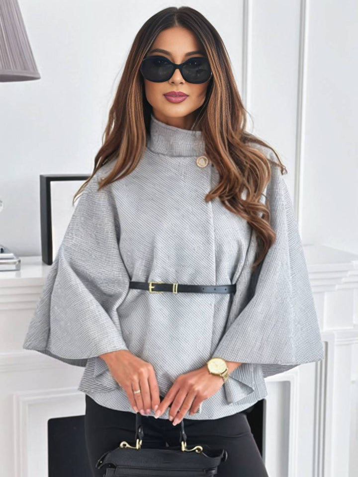 Levoire | Veste Poncho Courte Femme Boutons Ceinture Manches Chauve-Souris Femme Élégante Décontractée Largue Gris