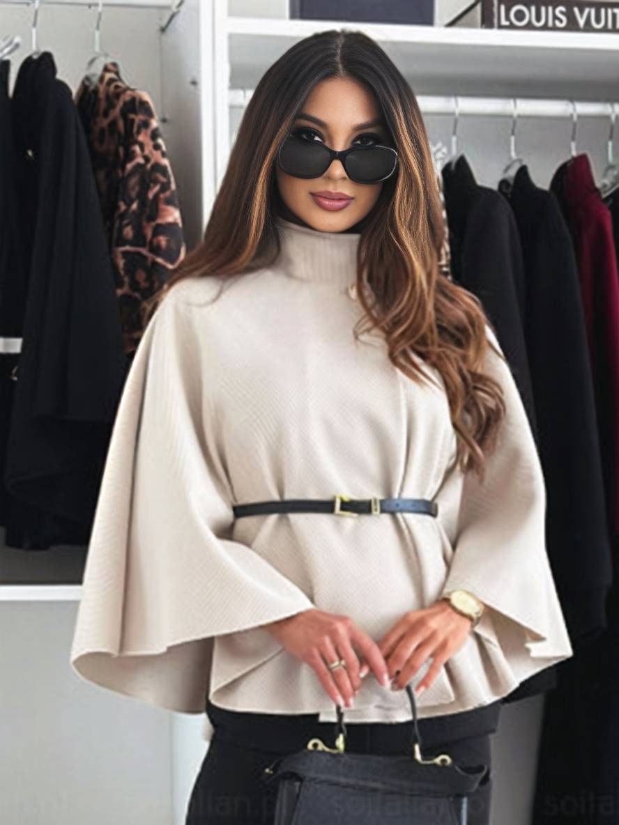 Levoire | Veste Poncho Courte Femme Boutons Ceinture Manches Chauve-Souris Femme Élégante Décontractée Largue Khaki