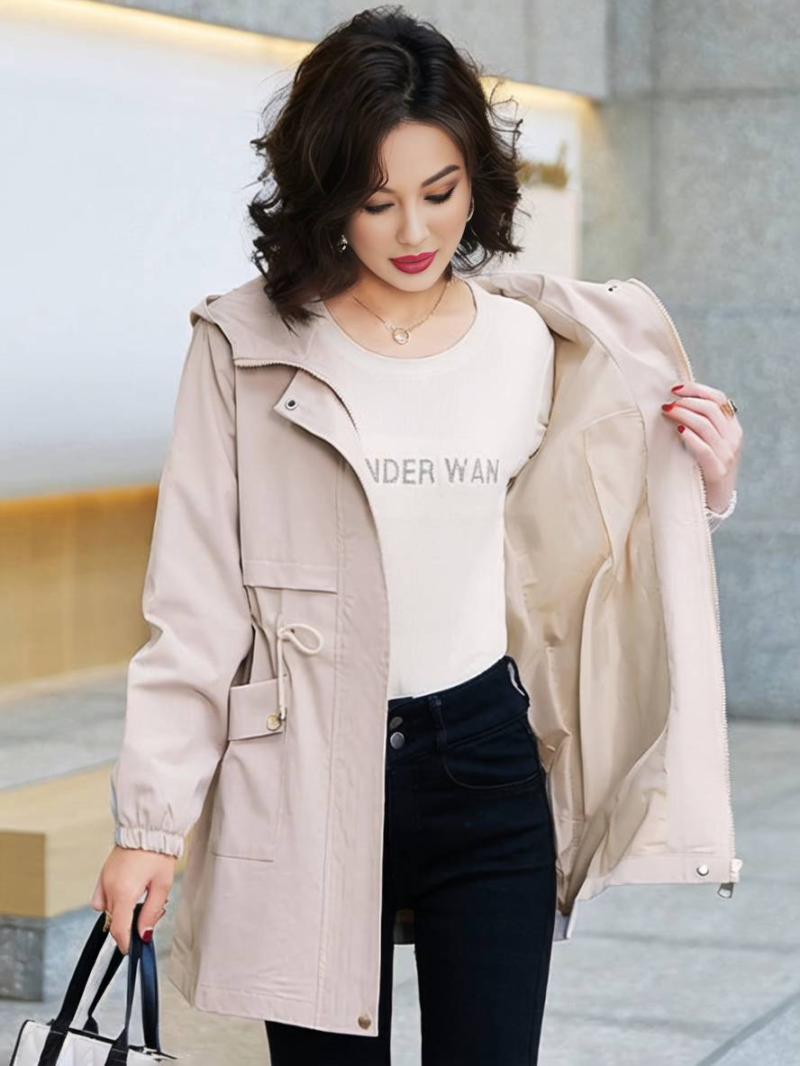 Levoire | Manteau Mi-Long Unicolore Avec Capuche Fermeture Éclair Fermeture À Boutons Poches Femme Mode Décontractée Parkas Beige