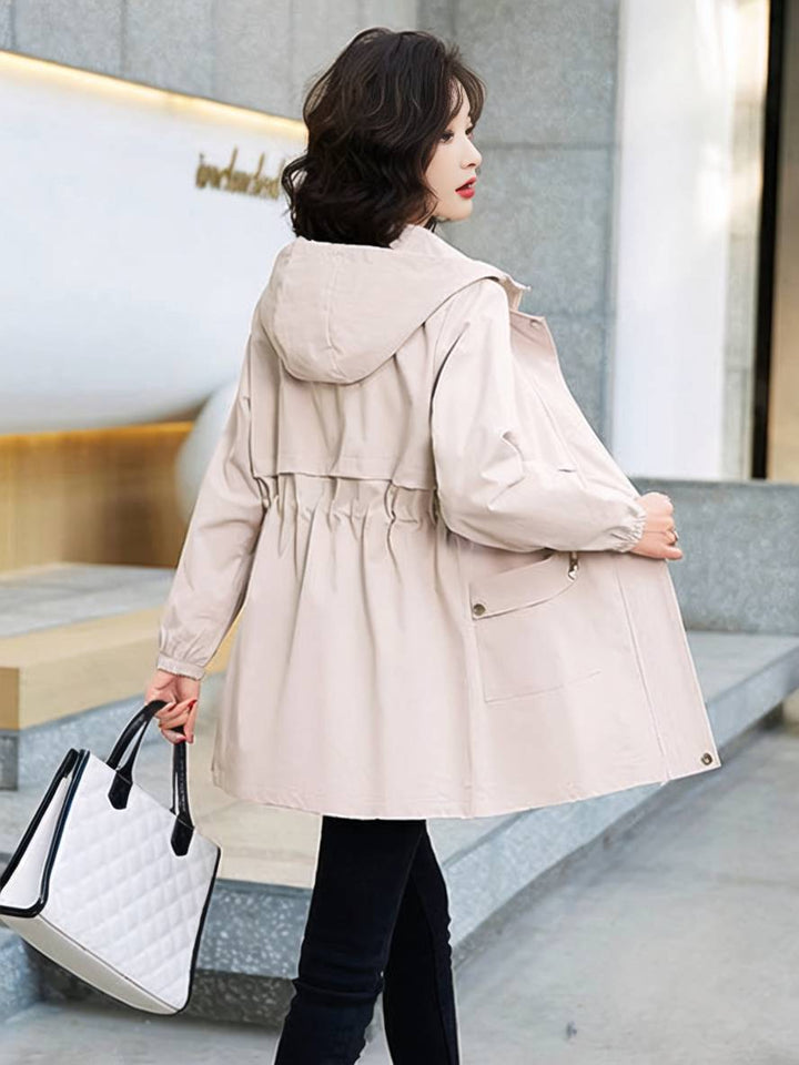 Levoire | Manteau Mi-Long Unicolore Avec Capuche Fermeture Éclair Fermeture À Boutons Poches Femme Mode Décontractée Parkas